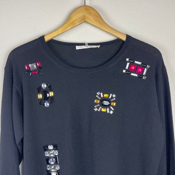 Trina Turk‎ Black Wool Embellished Jeweled Pullover Sweater Size L - Picture 2 of 7